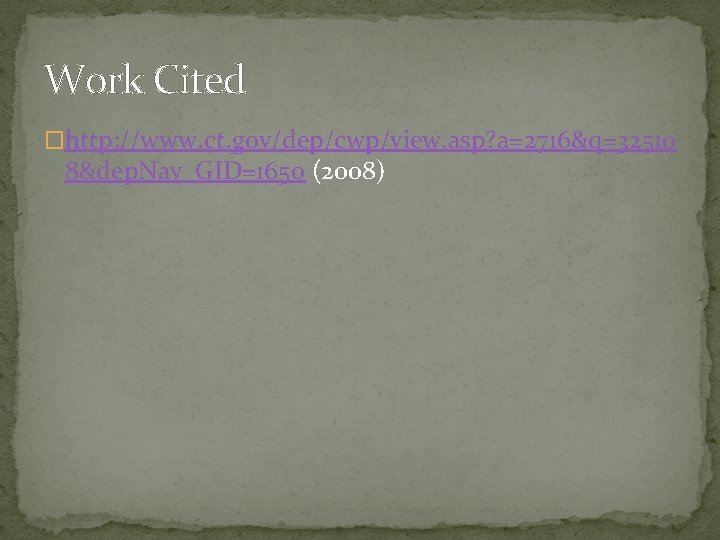 Work Cited �http: //www. ct. gov/dep/cwp/view. asp? a=2716&q=32510 8&dep. Nav_GID=1650 (2008) 