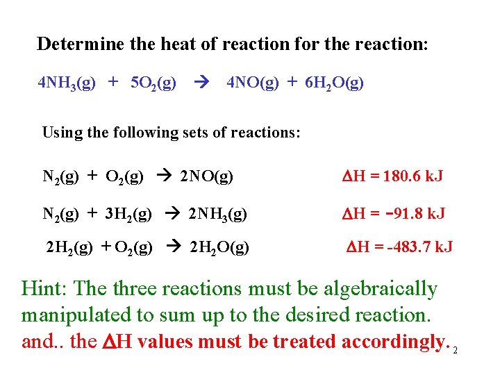 Determine the heat of reaction for the reaction: 4 NH 3(g) + 5 O