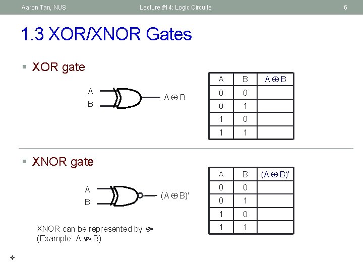 Aaron Tan, NUS Lecture #14: Logic Circuits 6 1. 3 XOR/XNOR Gates § XOR