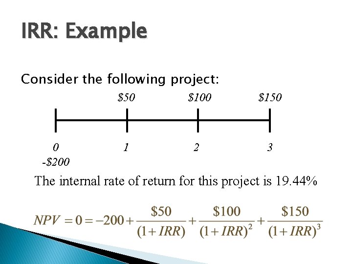 IRR: Example Consider the following project: 0 -$200 $50 $100 $150 1 2 3