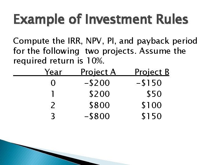 Example of Investment Rules Compute the IRR, NPV, PI, and payback period for the