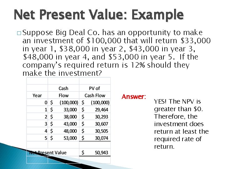 Net Present Value: Example � Suppose Big Deal Co. has an opportunity to make