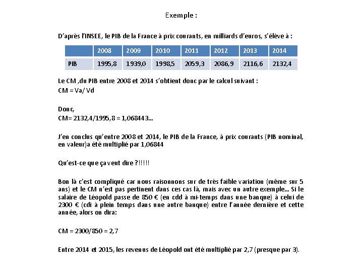 Exemple : D’après l’INSEE, le PIB de la France à prix courants, en milliards