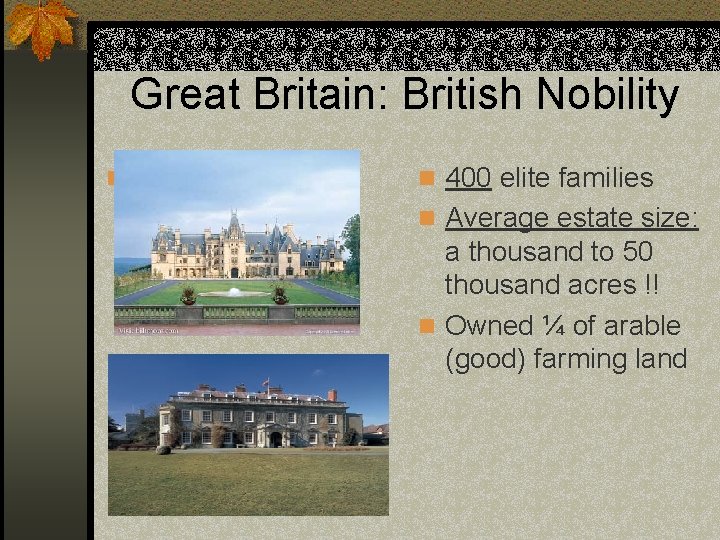 Great Britain: British Nobility n n 400 elite families n Average estate size: a