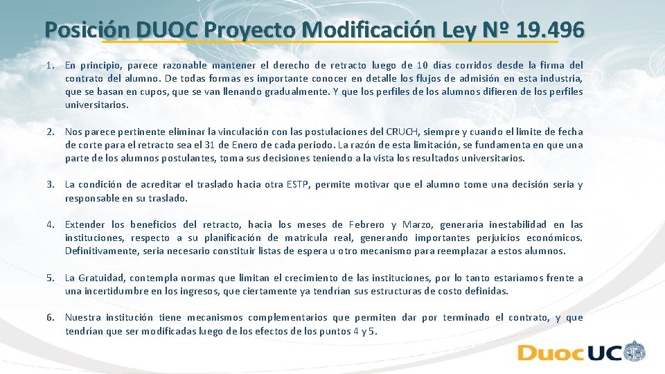 Posición DUOC Proyecto Modificación Ley Nº 19. 496 1. En principio, parece razonable mantener Posición DUOC Proyecto Modificación Ley Nº 19. 496 1. En principio, parece razonable mantener