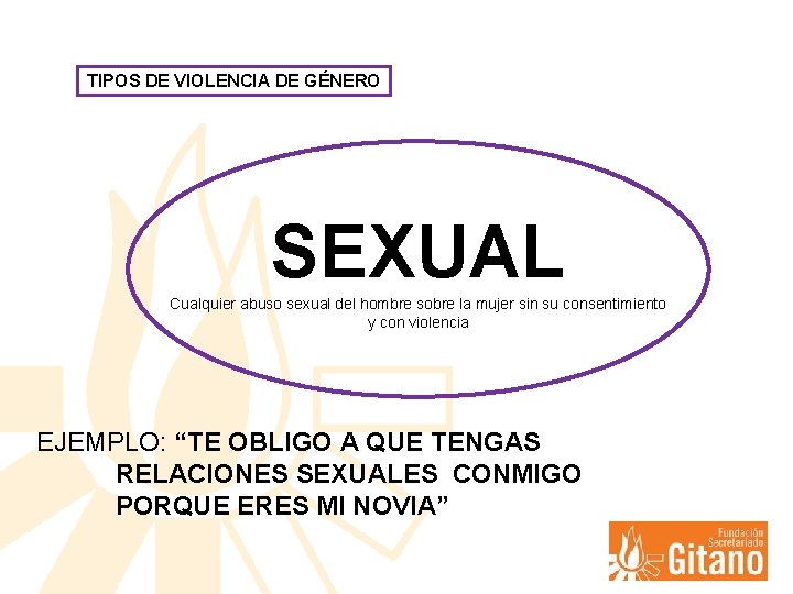 TIPOS DE VIOLENCIA DE GÉNERO SEXUAL Cualquier abuso sexual del hombre sobre la mujer