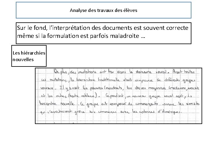 Analyse des travaux des élèves Sur le fond, l’interprétation des documents est souvent correcte