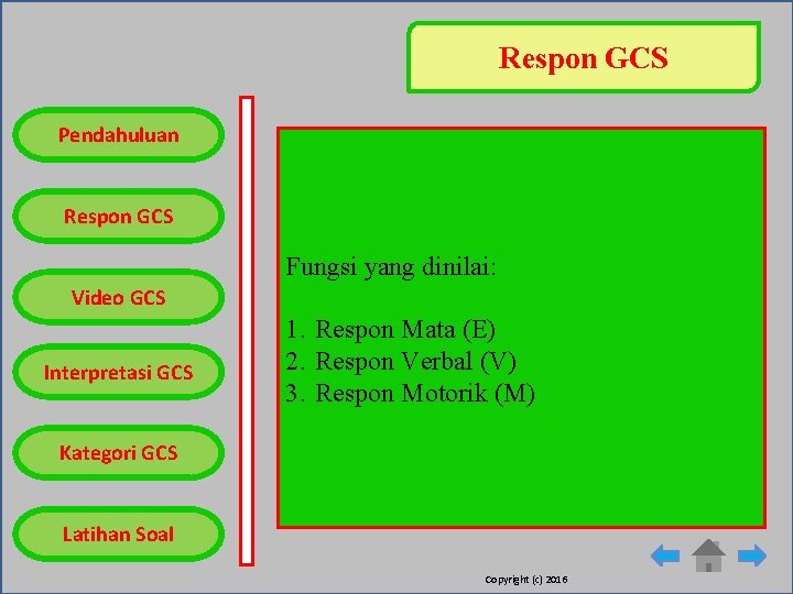 Respon GCS Pendahuluan Respon GCS Fungsi yang dinilai: Video GCS Interpretasi GCS c 1.