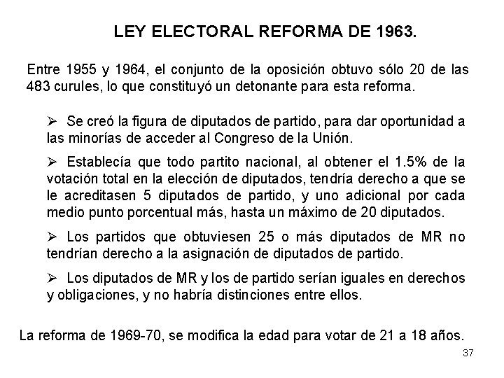 LEY ELECTORAL REFORMA DE 1963. Entre 1955 y 1964, el conjunto de la oposición