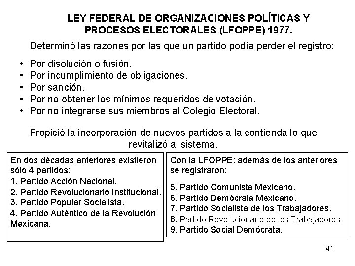 LEY FEDERAL DE ORGANIZACIONES POLÍTICAS Y PROCESOS ELECTORALES (LFOPPE) 1977. Determinó las razones por