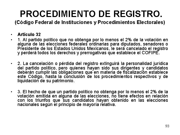 PROCEDIMIENTO DE REGISTRO. (Código Federal de Instituciones y Procedimientos Electorales) • • Artículo 32