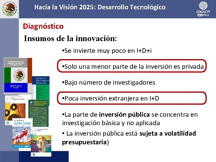 Hacia la Visión 2025: Desarrollo Tecnológico Diagnóstico Insumos de la innovación: • Se invierte