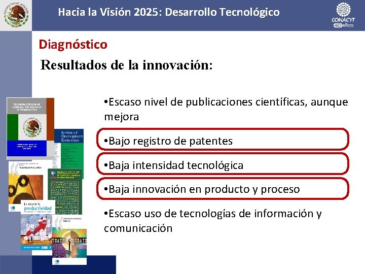 Hacia la Visión 2025: Desarrollo Tecnológico Diagnóstico Resultados de la innovación: • Escaso nivel