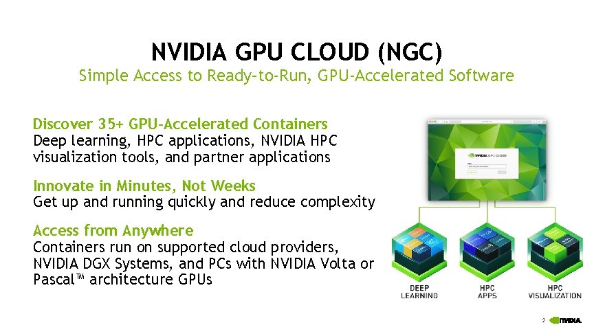 NVIDIA GPU CLOUD (NGC) Simple Access to Ready–to-Run, GPU-Accelerated Software Discover 35+ GPU-Accelerated Containers