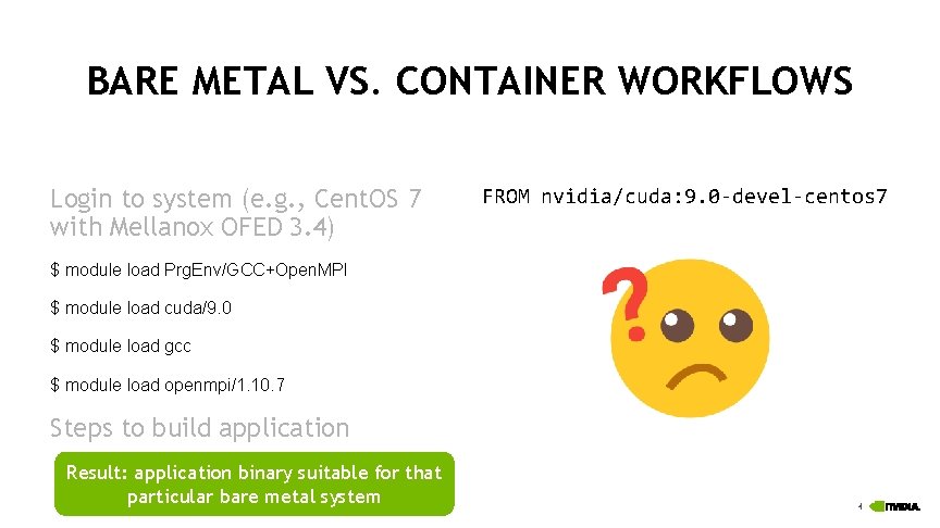 BARE METAL VS. CONTAINER WORKFLOWS Login to system (e. g. , Cent. OS 7