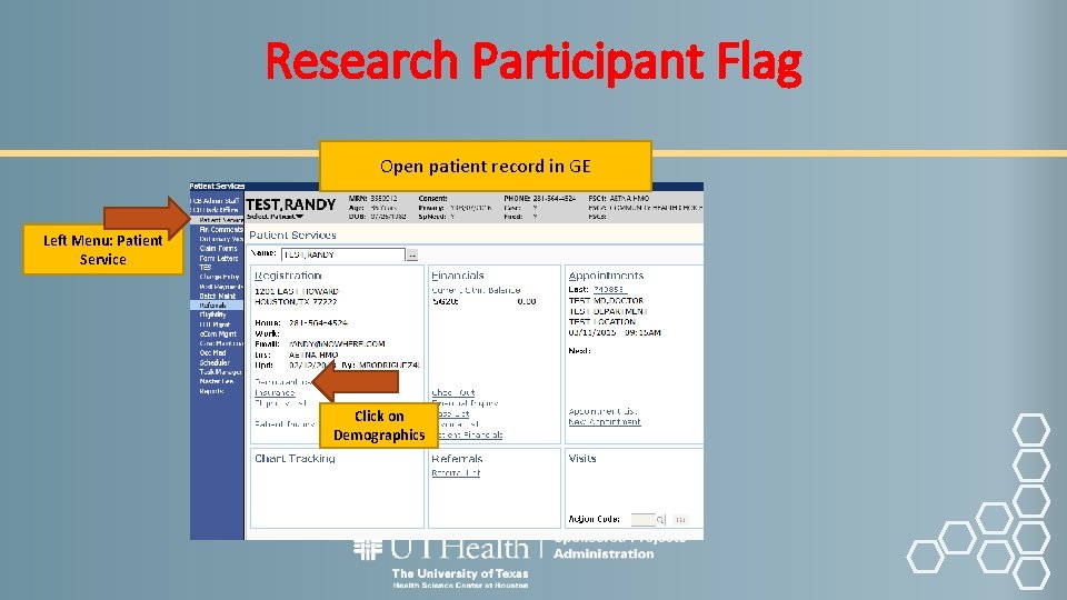Research Participant Flag Open patient record in GE Left Menu: Patient Service Click on