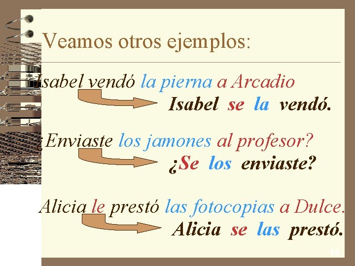 Veamos otros ejemplos: Isabel vendó la pierna a Arcadio Isabel se la vendó. ¿Enviaste