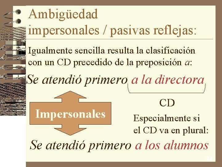 Ambigüedad impersonales / pasivas reflejas: Igualmente sencilla resulta la clasificación con un CD precedido