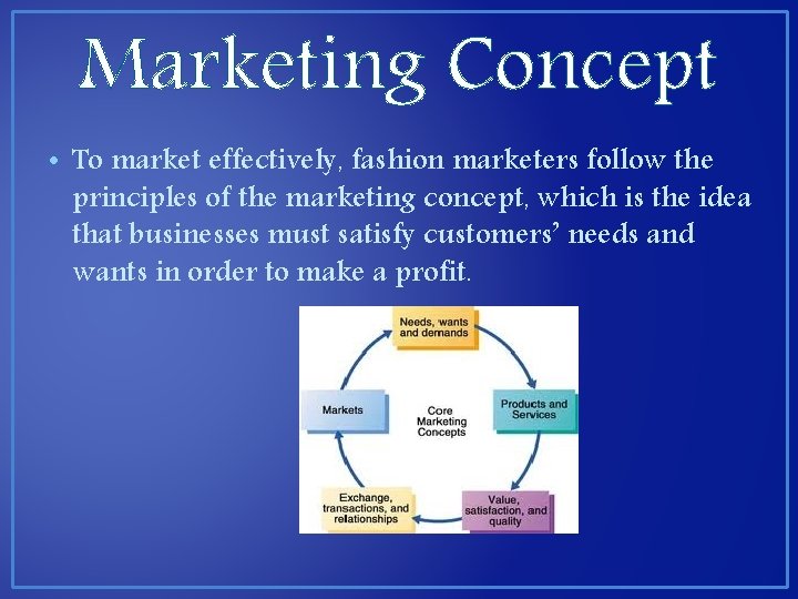 Marketing Concept • To market effectively, fashion marketers follow the principles of the marketing