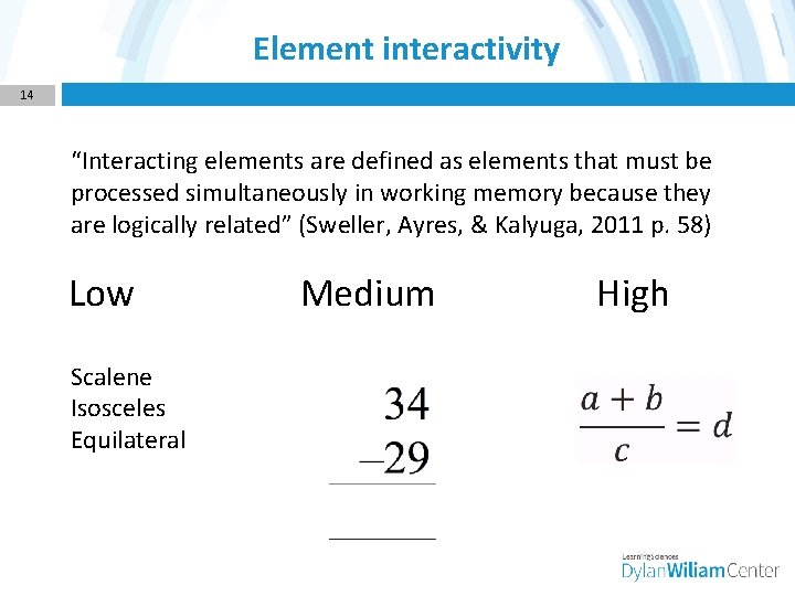 Element interactivity 14 “Interacting elements are defined as elements that must be processed simultaneously