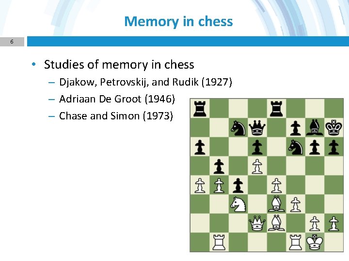 Memory in chess 6 • Studies of memory in chess – Djakow, Petrovskij, and