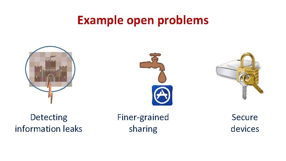 Example open problems Detecting information leaks Finer-grained sharing Secure devices Example open problems Detecting information leaks Finer-grained sharing Secure devices