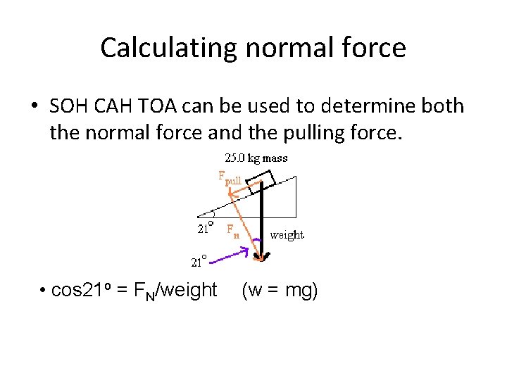 Calculating normal force • SOH CAH TOA can be used to determine both the