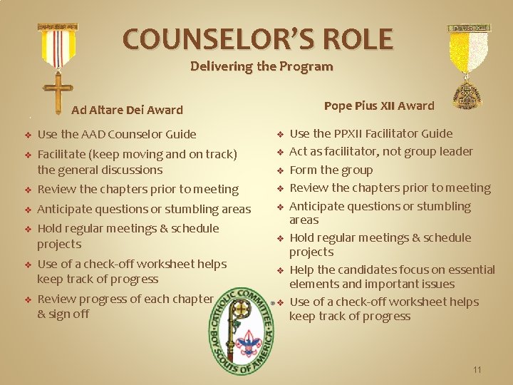 COUNSELOR’S ROLE Delivering the Program Pope Pius XII Award Ad Altare Dei Award v
