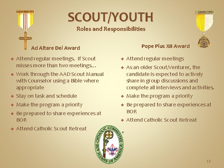 SCOUT/YOUTH Roles and Responsibilities Pope Pius XII Award Ad Altare Dei Award v Attend