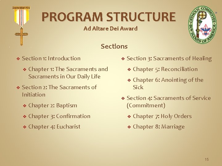 PROGRAM STRUCTURE Ad Altare Dei Award Sections v Section 1: Introduction v v v