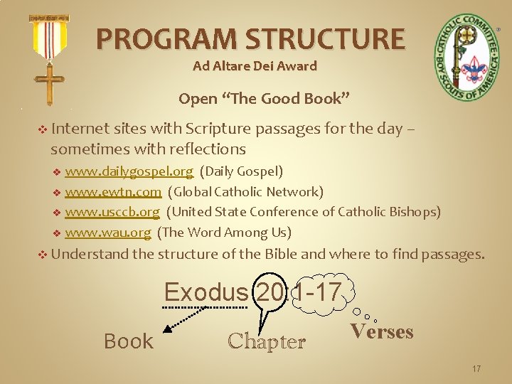 PROGRAM STRUCTURE Ad Altare Dei Award Open “The Good Book” v Internet sites with