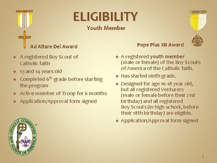 ELIGIBILITY Youth Member Pope Pius XII Award Ad Altare Dei Award v v v
