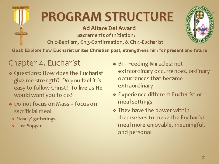 PROGRAM STRUCTURE Ad Altare Dei Award Sacraments of Initiation: Ch 2 -Baptism, Ch 3