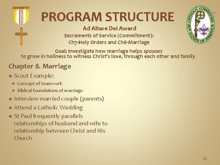 PROGRAM STRUCTURE Ad Altare Dei Award Sacraments of Service (Commitment): Ch 7 -Holy Orders