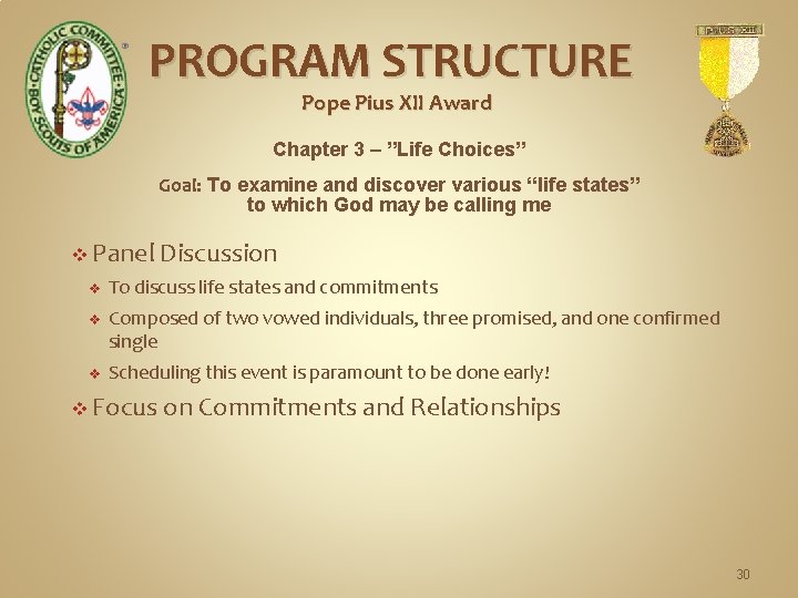 PROGRAM STRUCTURE Pope Pius XII Award Chapter 3 – ”Life Choices” Goal: To examine