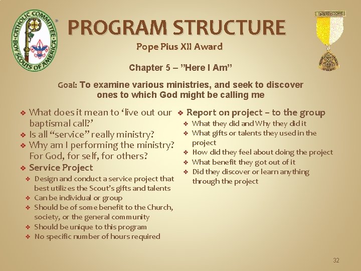 PROGRAM STRUCTURE Pope Pius XII Award Chapter 5 – ”Here I Am” Goal: To