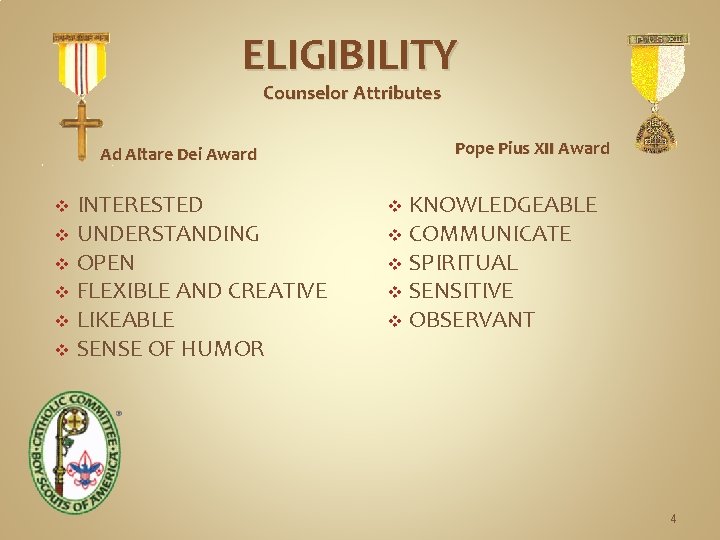 ELIGIBILITY Counselor Attributes Pope Pius XII Award Ad Altare Dei Award INTERESTED v UNDERSTANDING