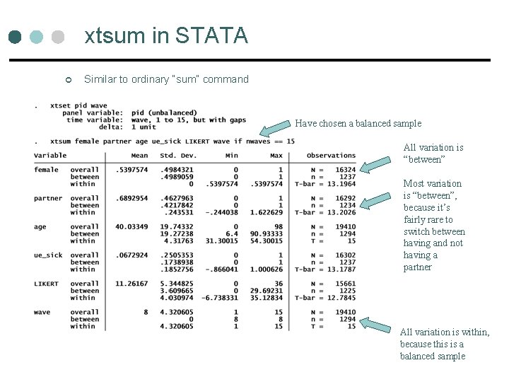 xtsum in STATA ¢ Similar to ordinary “sum” command Have chosen a balanced sample xtsum in STATA ¢ Similar to ordinary “sum” command Have chosen a balanced sample