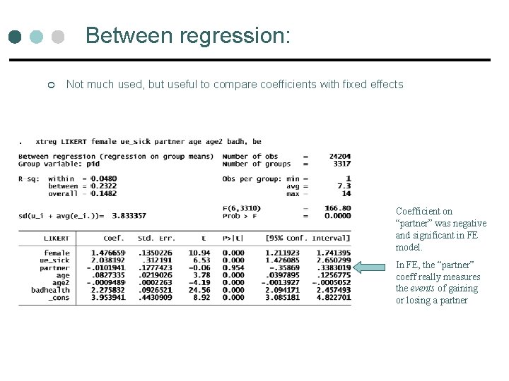 Between regression: ¢ Not much used, but useful to compare coefficients with fixed effects Between regression: ¢ Not much used, but useful to compare coefficients with fixed effects