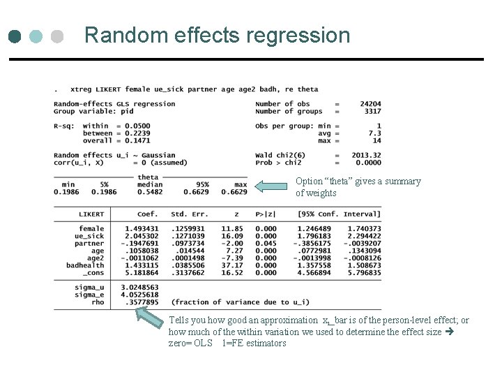 Random effects regression Option “theta” gives a summary of weights Tells you how good Random effects regression Option “theta” gives a summary of weights Tells you how good