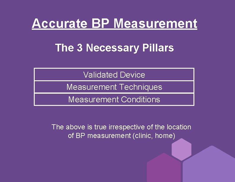 Accurate BP Measurement The 3 Necessary Pillars Validated Device Measurement Techniques Measurement Conditions The