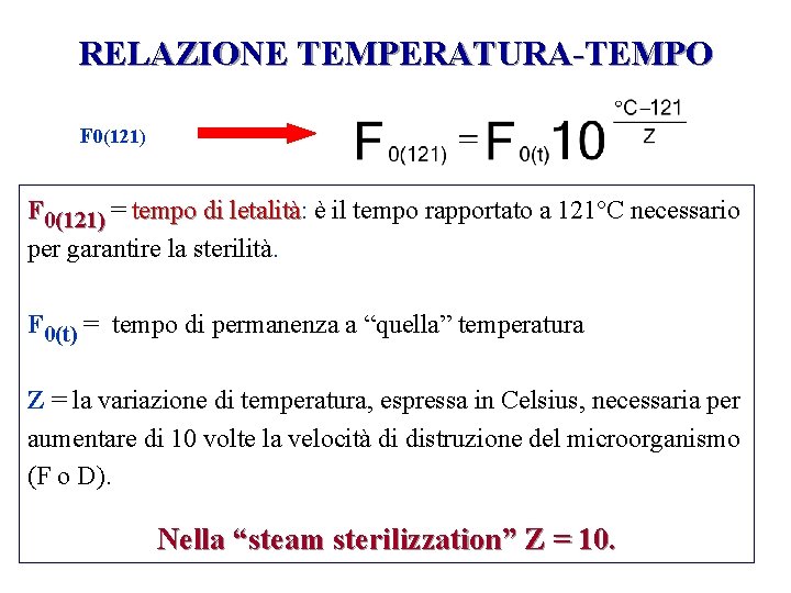 RELAZIONE TEMPERATURA-TEMPO F 0(121) = tempo di letalità: è il tempo rapportato a 121°C