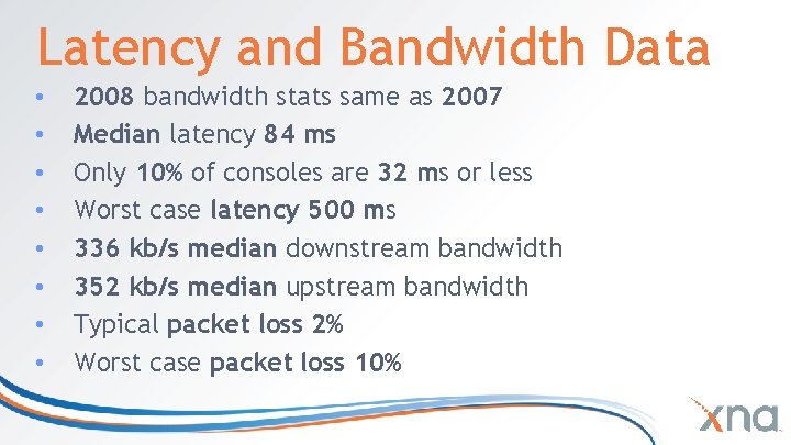 Latency and Bandwidth Data • • 2008 bandwidth stats same as 2007 Median latency Latency and Bandwidth Data • • 2008 bandwidth stats same as 2007 Median latency