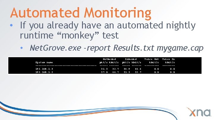 Automated Monitoring • If you already have an automated nightly runtime “monkey” test • Automated Monitoring • If you already have an automated nightly runtime “monkey” test •