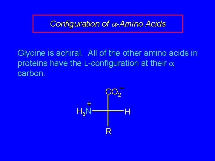 Configuration of a-Amino Acids Glycine is achiral. All of the other amino acids in