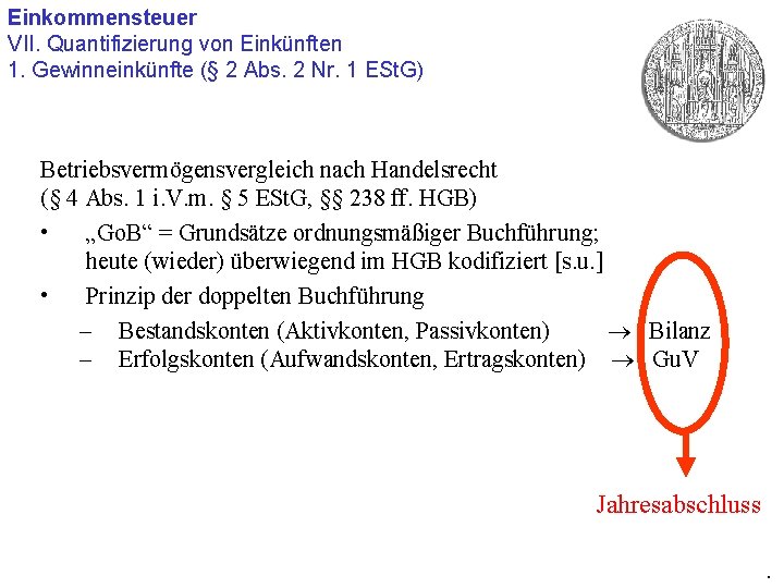 Einkommensteuer VII. Quantifizierung von Einkünften 1. Gewinneinkünfte (§ 2 Abs. 2 Nr. 1 ESt.