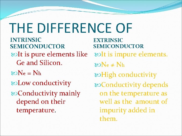 THE DIFFERENCE OF INTRINSIC SEMICONDUCTOR It is pure elements like Ge and Silicon. Ne