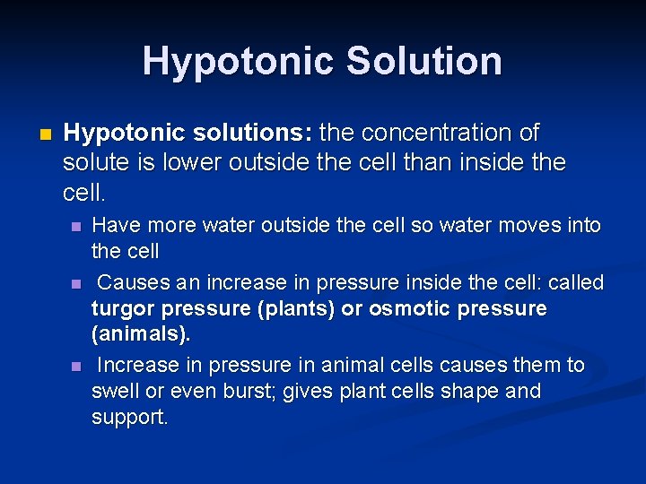 Hypotonic Solution n Hypotonic solutions: the concentration of solute is lower outside the cell