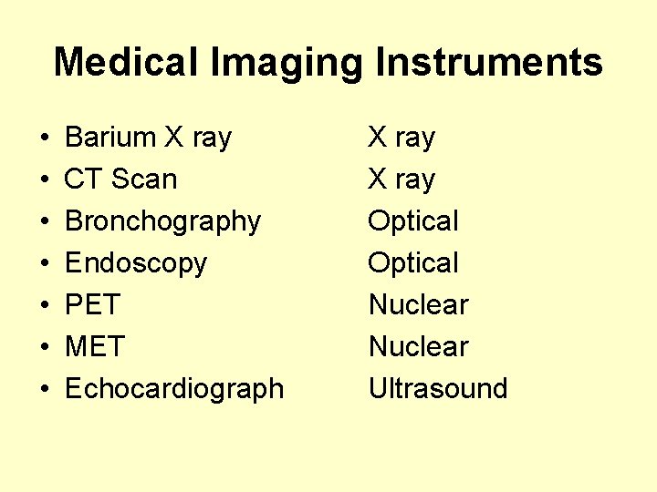 Medical Imaging Instruments • • Barium X ray CT Scan Bronchography Endoscopy PET MET