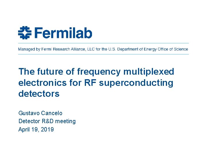 The future of frequency multiplexed electronics for RF superconducting detectors Gustavo Cancelo Detector R&D